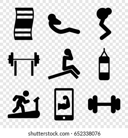 Gym icons set. set of 9 gym filled icons such as barbell, abdoninal workout, muscular arm  on phone, boxing bag, man doing exercises, man on treadmill