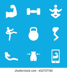 Gym icons set. set of 9 gym filled icons such as slim, abdoninal workout, barbell, kettle, muscular arm  on phone, muscular arm, man doing exercises