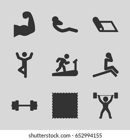 Gym icons set. set of 9 gym filled icons such as carpet, abdoninal workout, muscular arm, power lifter, barbell, man doing exercises