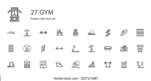 gym icons set. Collection of gym with barbell, treadmill, locker, shoes, well, workout, trampoline, stretching, jumping rope, billiard, carpet. Editable and scalable gym icons.