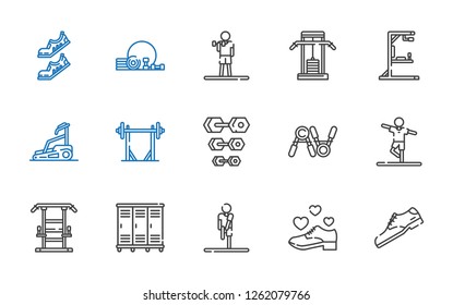 gym icons set. Collection of gym with shoe, stretching, lockers, gym station, exercise, dumbbell, barbell, treadmill, shoes. Editable and scalable gym icons.