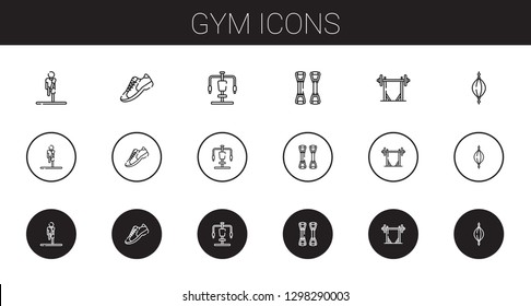 gym icons set. Collection of gym with stretching, sneakers, gym station, chest expander, barbell, punching ball. Editable and scalable icons.