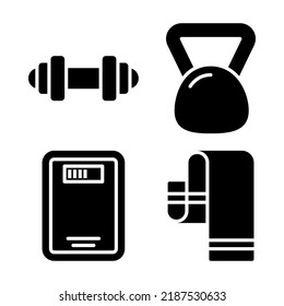 gym icons set = dumbbell, kettlebell, weight scale, towel. Perfect for website mobile app, app icons, presentation, illustration and any other projects
