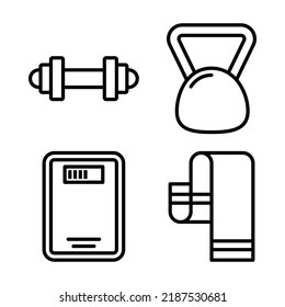 gym icons set = dumbbell, kettlebell, weight scale, towel. Perfect for website mobile app, app icons, presentation, illustration and any other projects