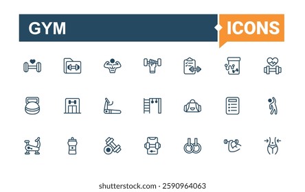 Gym icons set. Featuring ui, press, bottle, muscle, sport, healthy and more. Thin linear style icons. Solid line editable stroke. Vector line and solid icons.