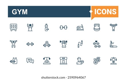 Gym icons set. Featuring ui, press, bottle, muscle, sport, healthy and more. Thin linear style icons. Solid line editable stroke. Vector line and solid icons.