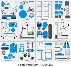 Gym icons set. Fitness equipment. Sports club. Flat design. Vector illustration.