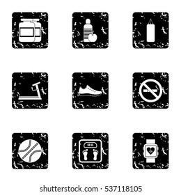 Gym icons set. Grunge illustration of 9 gym vector icons for web