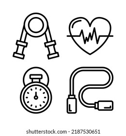gym icons set = hand grip, heart rate, stopwatch, skipping rope. Perfect for website mobile app, app icons, presentation, illustration and any other projects