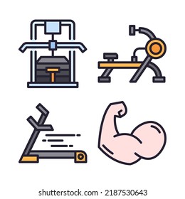 gym icons set = lat pulldown, rowing, treadmill, muscle. Perfect for website mobile app, app icons, presentation, illustration and any other projects