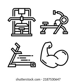 gym icons set = lat pulldown, rowing, treadmill, muscle. Perfect for website mobile app, app icons, presentation, illustration and any other projects