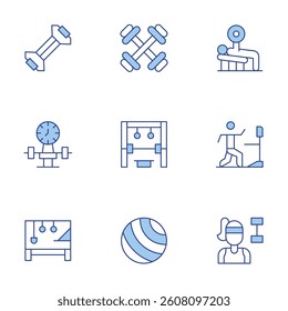 Gym icons set. Line Duotone style, editable stroke. exercise, yoga ball, weight lifting, reformer, dumbbells, fitness, bands, home gym, run.