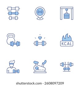 Gym icons set. Line Duotone style, editable stroke. dumbbells, fitness, gym, gym station, stationary bike, dumbbell, kcal.