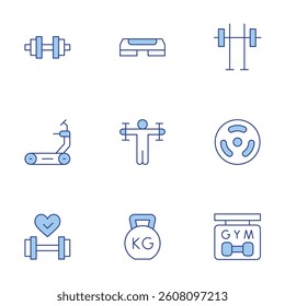 Gym icons set. Line Duotone style, editable stroke. dumbbell, kettlebell, disc, treadmill, weight lifting, gym machine, fitness, step, gym.