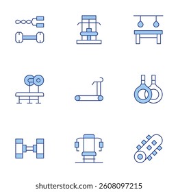 Gym icons set. Line Duotone style, editable stroke. bodybuilding, treadmill, gymnastics, dumbbells, gym machine, gym station, roller.