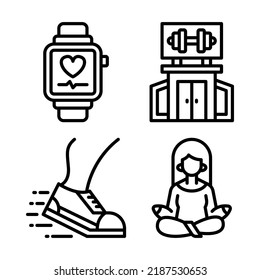 gym icons set = smartwatch, gym station, running, yoga. Perfect for website mobile app, app icons, presentation, illustration and any other projects