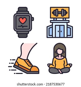 gym icons set = smartwatch, gym station, running, yoga. Perfect for website mobile app, app icons, presentation, illustration and any other projects