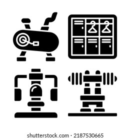 gym icons set = stationary bike, locker room, chest press, bench press. Perfect for website mobile app, app icons, presentation, illustration and any other projects