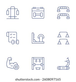 Gym icons set. Thin Line style, editable stroke. push up bar, parallels, treadmill, gym, wall bars, home gym, gym equipment, checklist, workout.