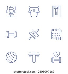 Gym icons set. Thin Line style, editable stroke. pull up, wheel, weight lifting, gym machine, gym, yoga ball, pulling up, training, fitness.