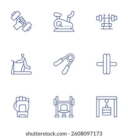 Gym icons set. Thin Line style, editable stroke. gym, wheel, gym station, stationary bike, dumbbell, hand grip, treadmill, glove.