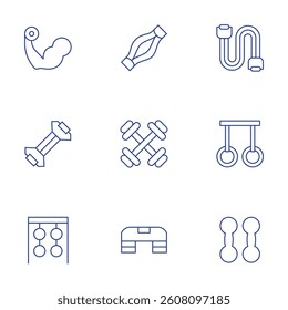 Gym icons set. Thin Line style, editable stroke. chest expander, gymnastic rings, bands, muscle, strong, dumbbells, rings, step.