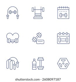 Gym icons set. Thin Line style, editable stroke. calendar, barbell, gym machine, virtual reality, fitness, workout, heart, skipping rope.