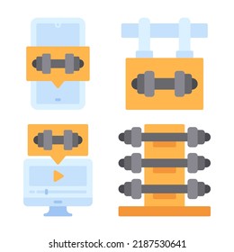 íconos de gimnasia establecidos = aplicación de entrenamiento, señal de gimnasia, entrenamiento de video, campanilla sucia. Perfecto para aplicaciones móviles web, iconos de aplicaciones, presentación, ilustración y cualquier otro proyecto
