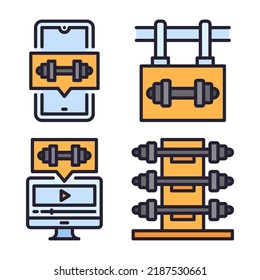 gym icons set = training app, gym sign, video workout, dumbbell. Perfect for website mobile app, app icons, presentation, illustration and any other projects
