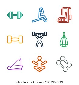 gym icons. Trendy 9 gym icons. Contain icons such as dumbbell, yoga, treadmill, boxing bag, power lifter, barbell, gym equipment, man doing exercises. icon for web and mobile.