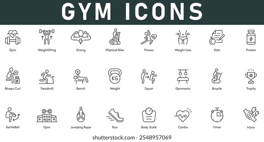 Gym Icons ilustração vetorial com linha fina curso editável contém halterofilismo forte dieta proteína ferimento cardio corrida corpo escala bicicleta troféu bancada esteira pular corda