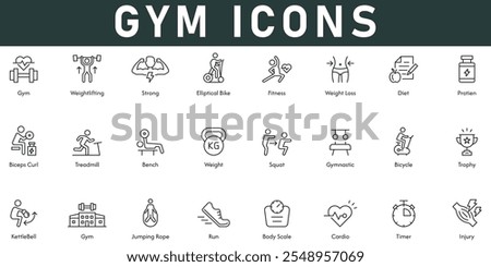 Gym Icons vector illustration with thin line editable stroke contains weightlifting strong fitness diet protein injury cardio run body scale bicycle trophy bench treadmill jumping rope
