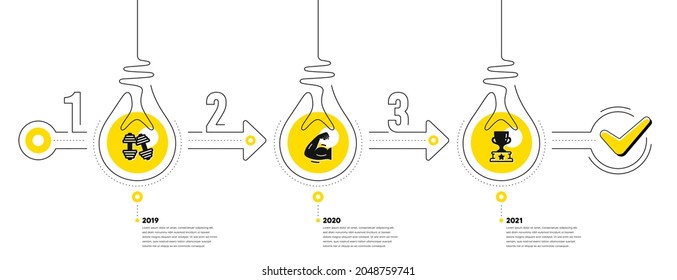 Gym Infografía cronológica con 3 pasos. Diagrama de procesos deportivos con Dumbbells, brazo muscular fuerte e íconos de copa ganadora. Diagrama de la infografía de la línea de tiempo. infografías de trayectorias de viaje de bombillas. Vector