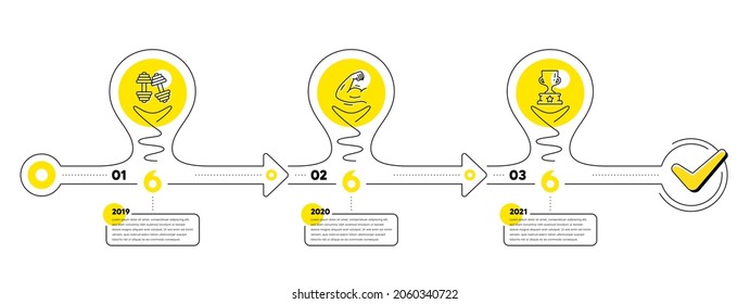 Gym Infographic timeline with 3 steps. Lightbulb journey path infographics. Sport process diagram with Dumbbells, Strong muscle arm and Winner cup line icons. Timeline infograph diagram. Vector