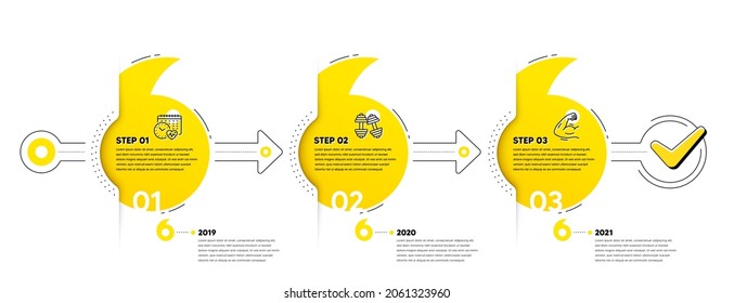 Gym Infographic timeline with 3 steps. Quotes journey path infographics. Sport process diagram with Exercise schedule, Dumbbell, Strong muscle arm line icons. Timeline infograph diagram. Vector
