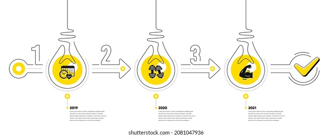 Gym Infographic timeline with 3 steps. Sport process diagram with Exercise schedule, Dumbbell, Strong muscle arm icons. Timeline infograph diagram. Lightbulb journey path infographics. Vector