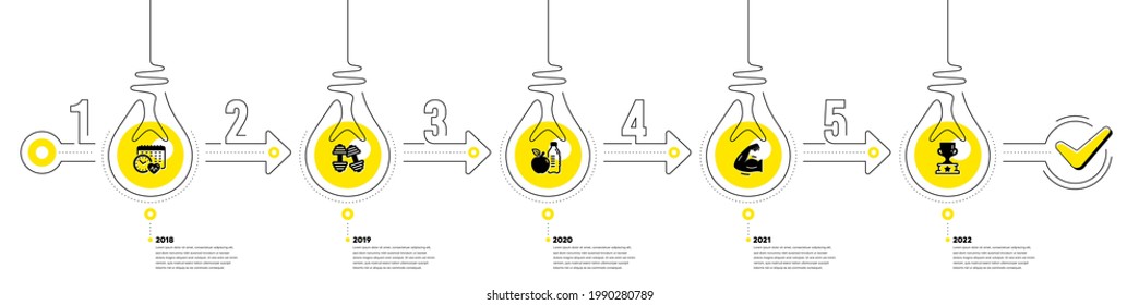 Gym Infographic timeline with 5 steps. Sport process diagram with Exercise schedule, Dumbbells, Strong muscle arm and Winner cup icons. Timeline infograph diagram. Vector