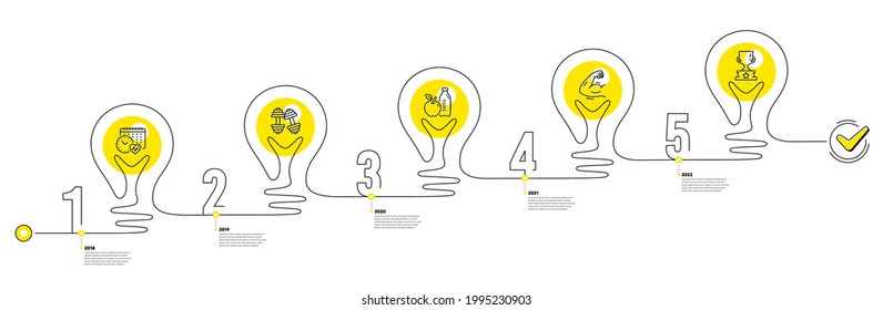 Gym Infographic timeline with 5 steps. Lightbulb journey path infographics. Sport process diagram with Exercise schedule, Dumbbells, Strong muscle arm and Winner cup line icons. Vector