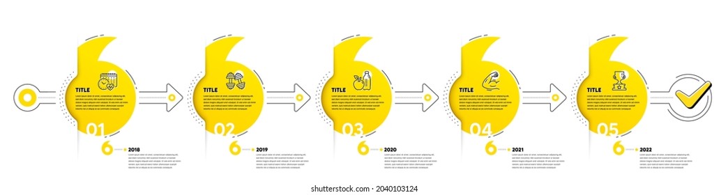 Gym Infographic timeline with 5 steps. Quotes bookmarks journey infographics. Sport process diagram with Exercise schedule, Dumbbells, Strong muscle arm and Winner cup line icons. Vector