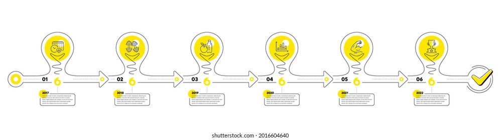 Gym Infographic timeline with 6 steps. Lightbulb journey path infographics. Sport process diagram with Exercise schedule, Exercise analysis, Strong muscle arm and Goal target line icons. Vector