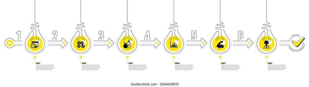 Gym Infographic timeline with 6 steps. Sport process diagram with Exercise schedule, Exercise analysis, Strong muscle arm and Goal target icons. Timeline infograph diagram. Vector