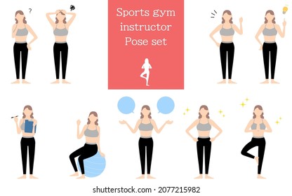 Gym instructor female pose set, questioning, worrying, encouraging, pointing, etc.