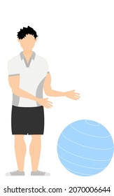 Gym instructor male pose, advancing stretch ball