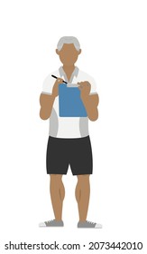 Gym instructor senia man pose, writing on board