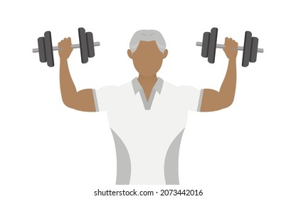 Gym instructor senior man pose, shoulder press (dumbbell training)