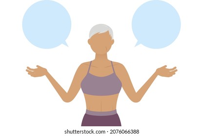 Gym instructor senior woman explaining with open arms