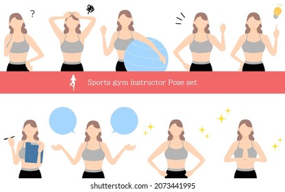 Gym instructor woman pose set, questioning, worrying, encouraging, pointing, etc.