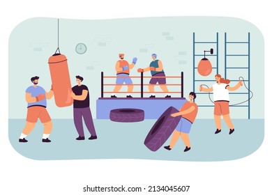 Gym interior with active cartoon men and women doing exercises. Group of people training, fighters or boxers in ring or arena, fight club flat vector illustration. Sports, healthy lifestyle concept