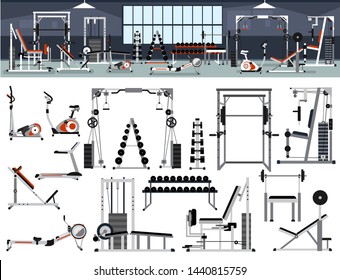 Gym interior builder. Fitness center design in flat style with power rack,Bench Press, Pull-Down, Pec Deck, Dumbbells, Exercise Bike, Leg Curl, Hack Squat, Leg Extension,leg abduction, Smith Machines.