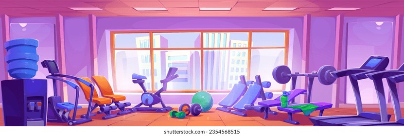 Gym interior with cardio and strength training equipment in front of large window. Cartoon vector sport club with treadmill, exercise bike, benches and dumbbells for healthcare and active lifestyle.